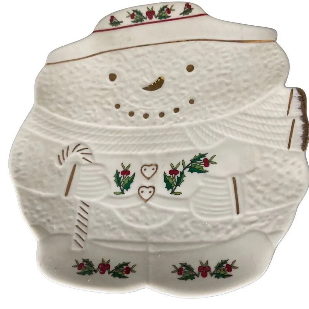 Formalities by Baum Brothers 10 pc Snowman Holly Berries Mini Tea Set Ivory Gold